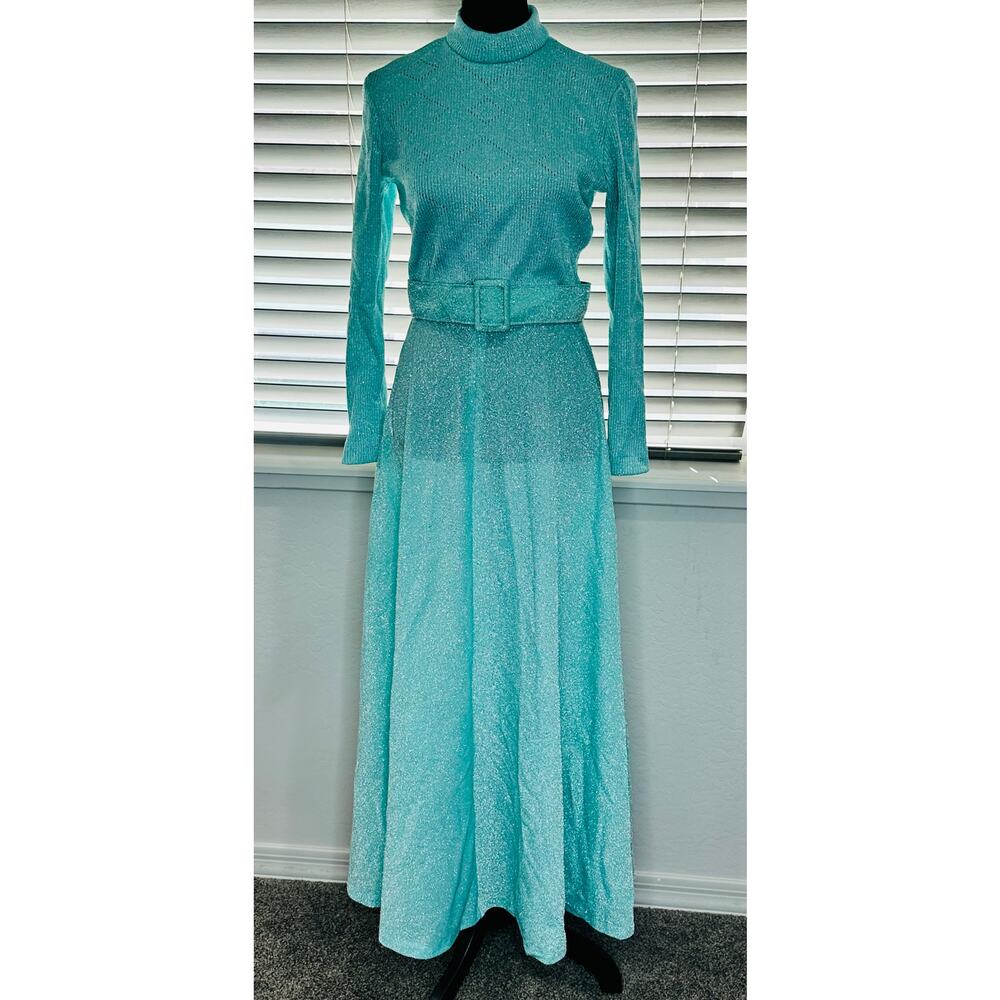 Hy-Ten Vintage Maxi Teal Silver Sparkle Disco Belted Dress Made in USA Stunner